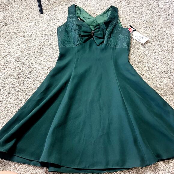 VTG Speed Embroidered Coquette Bow Mini Dress Teal Green Women's Size 7-8 NWT - Picture 2 of 4